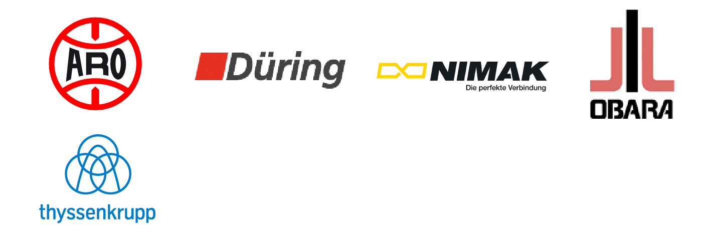 Logos des entreprises : ARO, Düring, Nimak, Obara, Thyssenkrupp