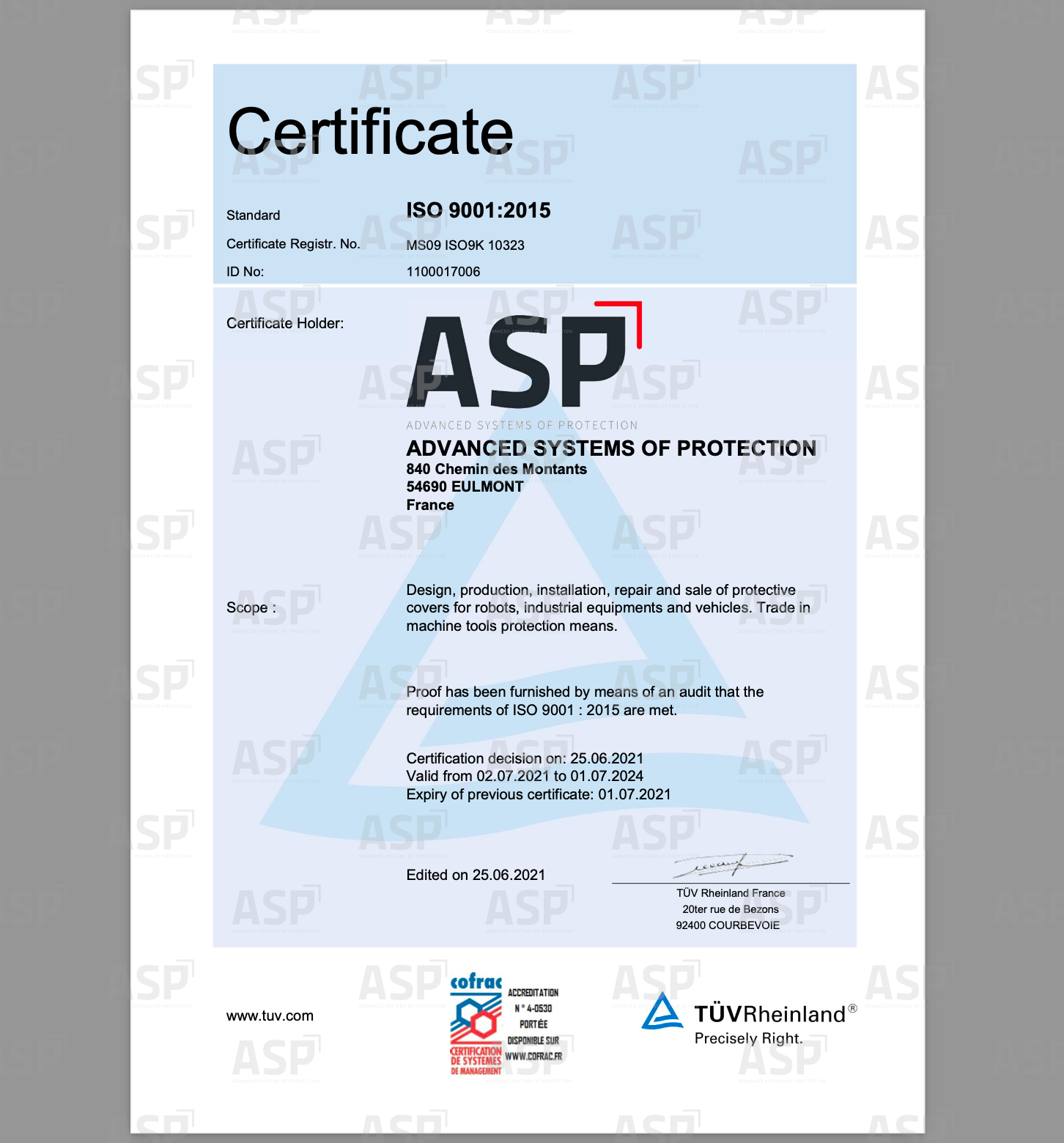 Certificate ISO 9001 for the company ASP